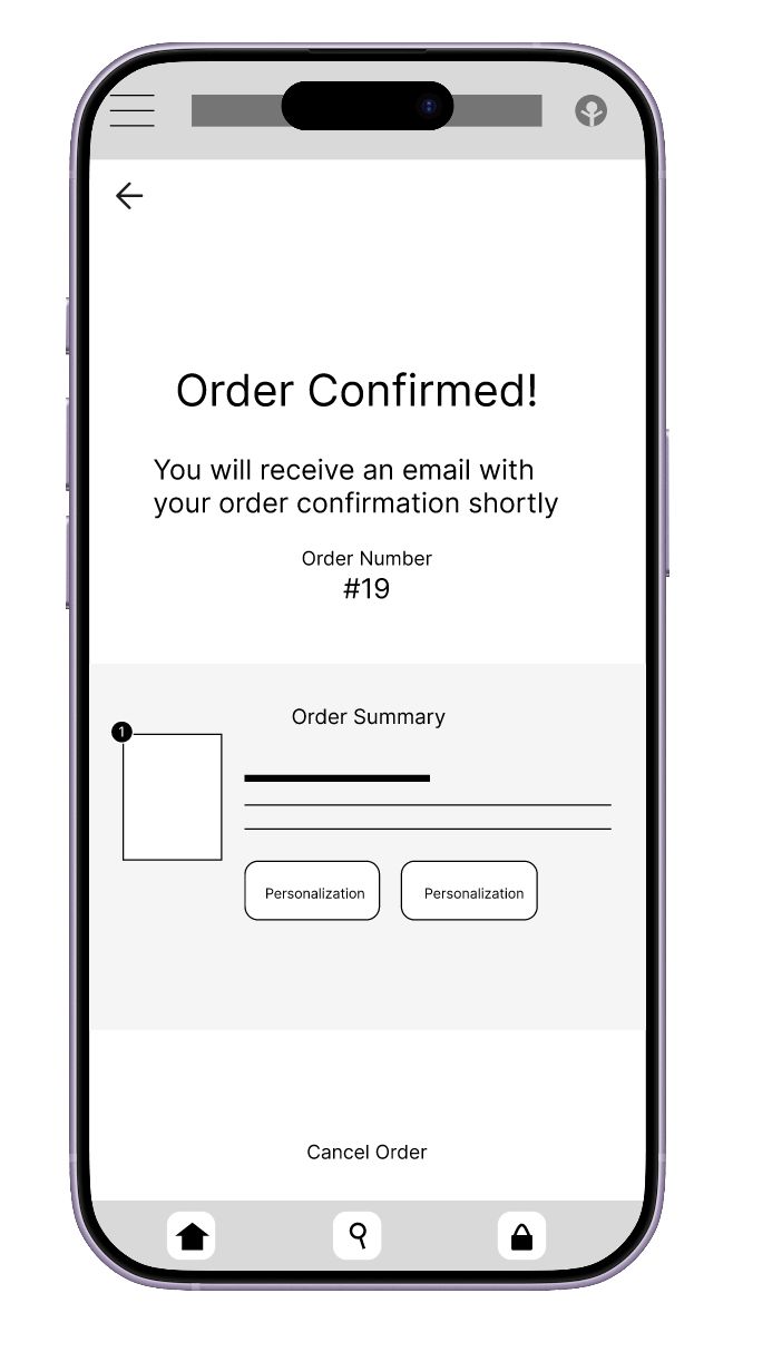 Revised confirmation wireframe with order number 19 and a Cancel Order button