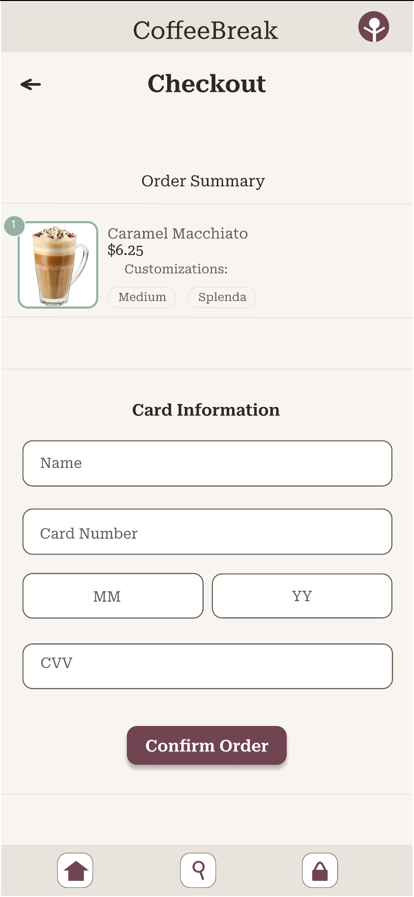High-fidelity checkout screen with order summary, card fields, and Confirm Order button