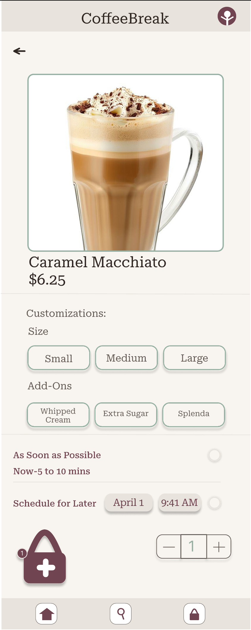 High-fidelity drink screen with size and add-on options and a scheduling choice