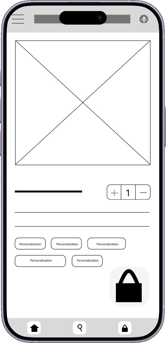 Low-fidelity product wireframe with quantity controls and an add-to-bag button