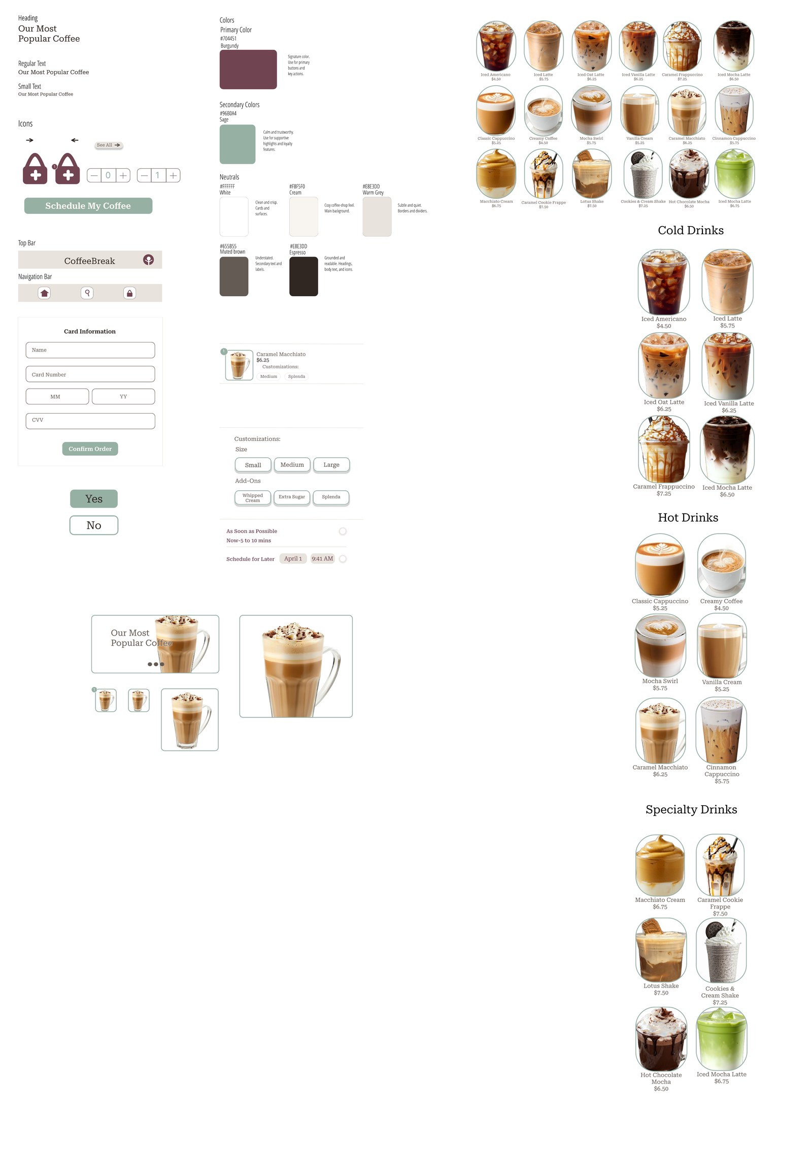 Sticker sheet with typography, icons, navigation bars, buttons, colors, and reusable components